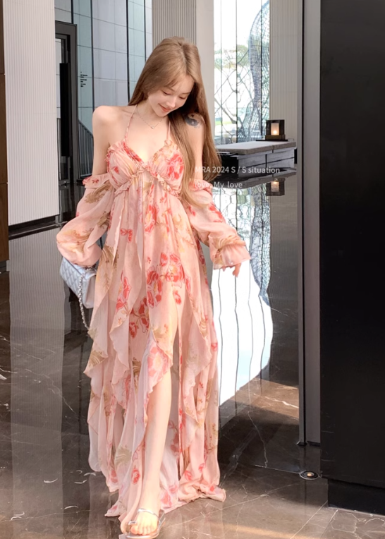 Fashion Pink Off-the-shoulder Design A-line Floral Dress TP3427