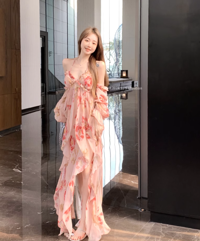 Fashion Pink Off-the-shoulder Design A-line Floral Dress TP3427