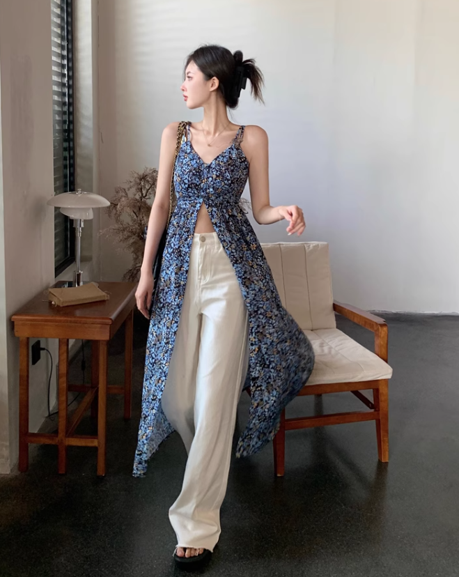 Fashion Navy Blue Floral Design A-line V-neck Slit Spaghetti Strap Dress TP3428