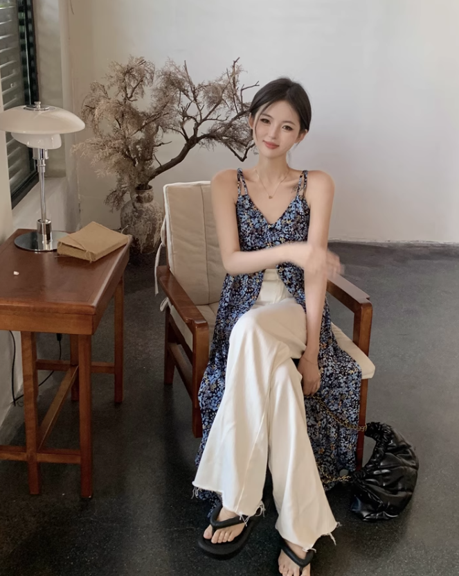 Fashion Navy Blue Floral Design A-line V-neck Slit Spaghetti Strap Dress TP3428