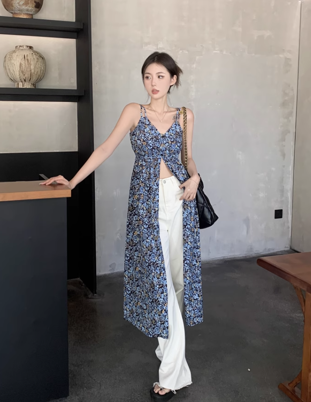Fashion Navy Blue Floral Design A-line V-neck Slit Spaghetti Strap Dress TP3428