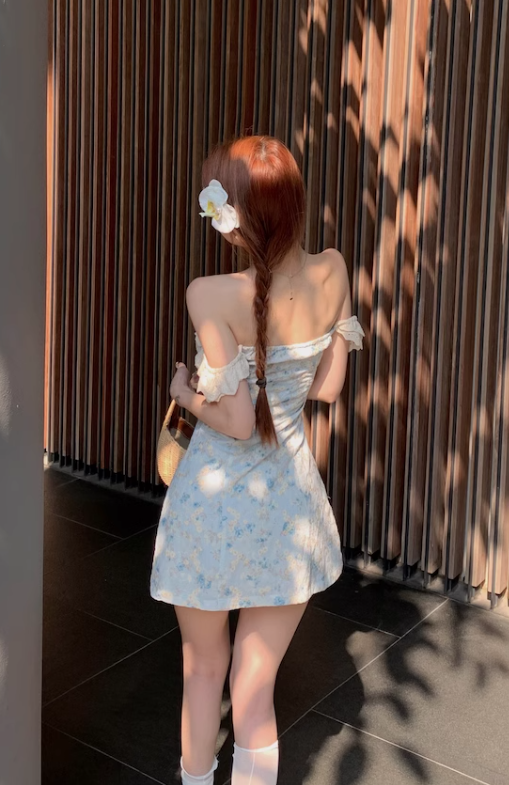 New Fashion Light Blue Floral Design A-line Sleeveless Short Floral Dress TP3430