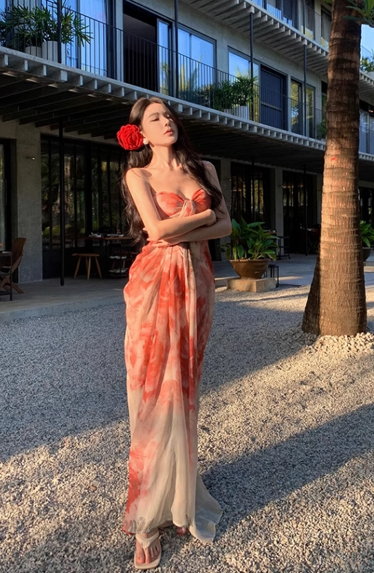 New Fashion Floral Print Design A-line Floor-length Sleeveless Strapless Dress TP3433
