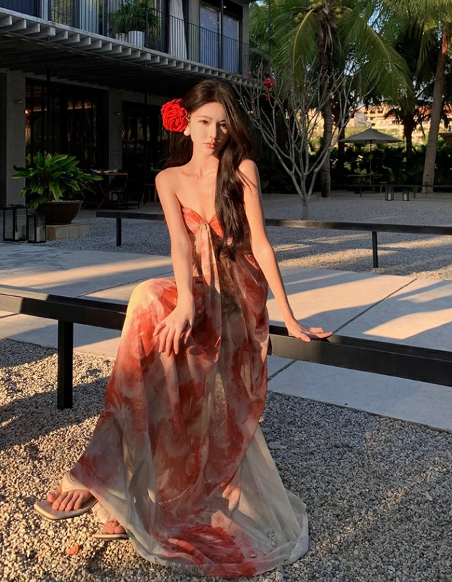 New Fashion Floral Print Design A-line Floor-length Sleeveless Strapless Dress TP3433