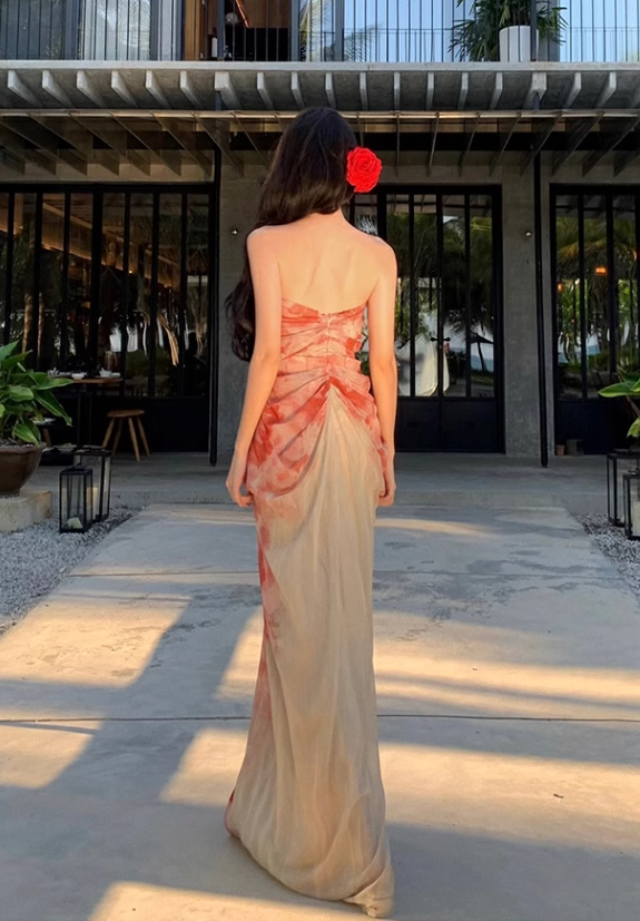 New Fashion Floral Print Design A-line Floor-length Sleeveless Strapless Dress TP3433