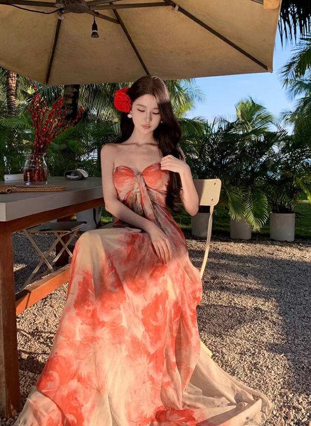 New Fashion Floral Print Design A-line Floor-length Sleeveless Strapless Dress TP3433