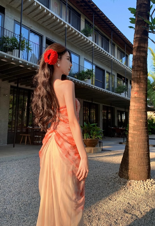 New Fashion Floral Print Design A-line Floor-length Sleeveless Strapless Dress TP3433