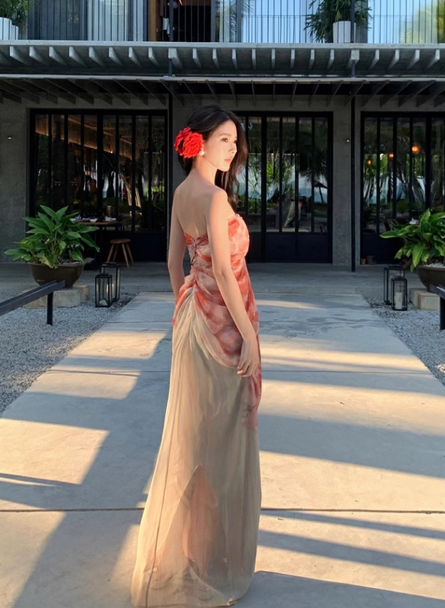 New Fashion Floral Print Design A-line Floor-length Sleeveless Strapless Dress TP3433