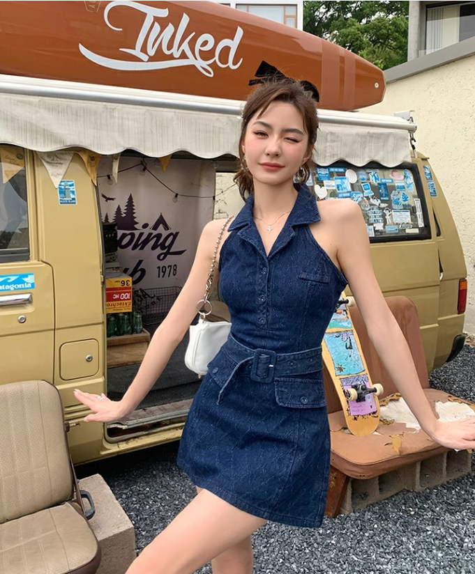 New Fashion Navy Blue V-neck Design A-line Sleeveless Denim Dress TP3434