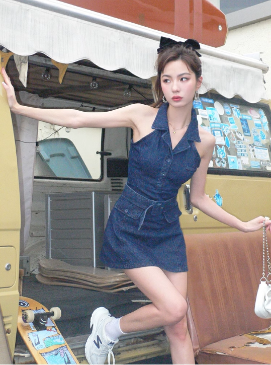 New Fashion Navy Blue V-neck Design A-line Sleeveless Denim Dress TP3434