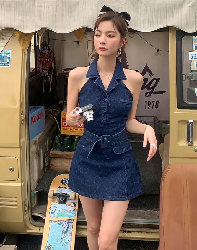 New Fashion Navy Blue V-neck Design A-line Sleeveless Denim Dress TP3434