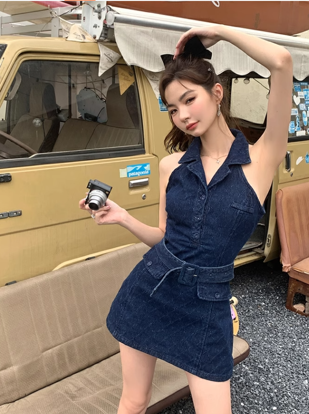 New Fashion Navy Blue V-neck Design A-line Sleeveless Denim Dress TP3434