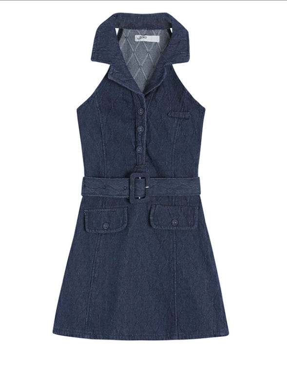 New Fashion Navy Blue V-neck Design A-line Sleeveless Denim Dress TP3434