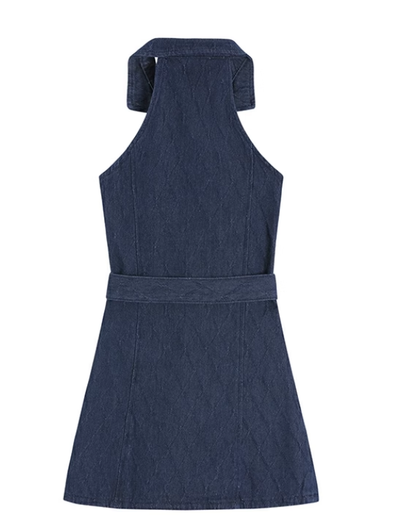 New Fashion Navy Blue V-neck Design A-line Sleeveless Denim Dress TP3434