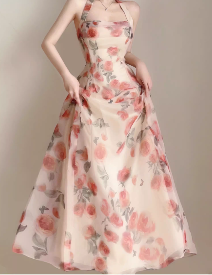 Vintage Pink Floral Design A-line Sleeveless Beach Holiday Halter Dress TP3498