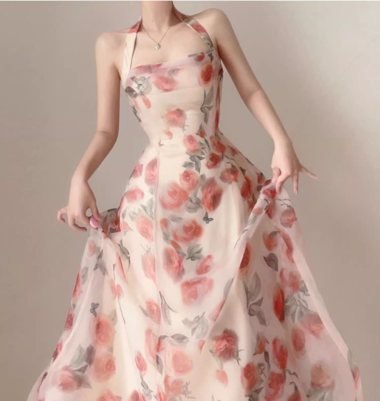 Vintage Pink Floral Design A-line Sleeveless Beach Holiday Halter Dress TP3498