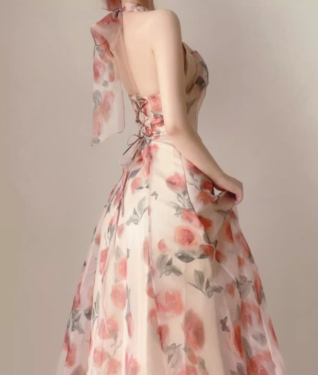 Vintage Pink Floral Design A-line Sleeveless Beach Holiday Halter Dress TP3498