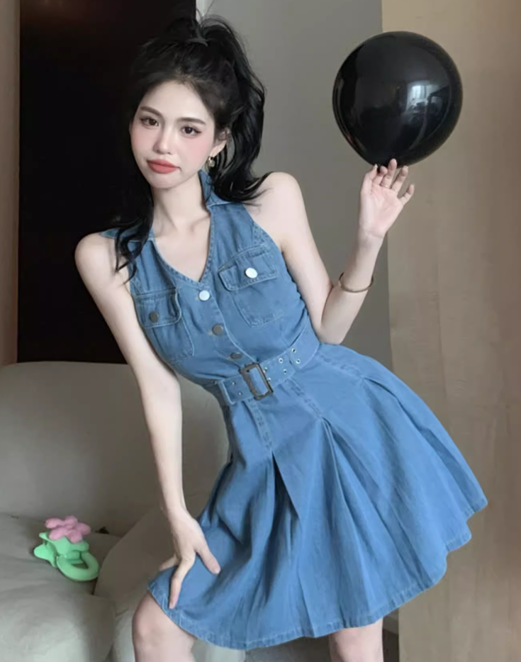 New Fashion Blue Belt Design A-line V-neck Sleeveless Denim Dress TP3499