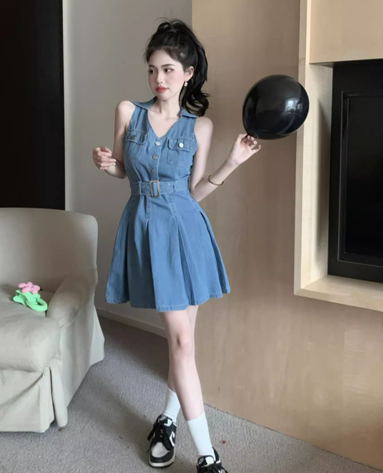New Fashion Blue Belt Design A-line V-neck Sleeveless Denim Dress TP3499