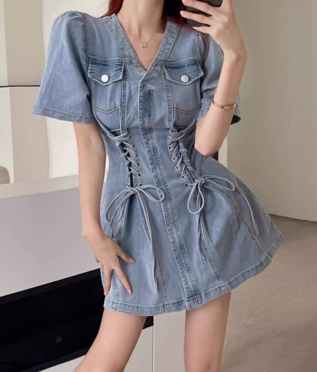 New Fashion Blue Design A-line V-neck Short Sleeves Denim Dress TP3500