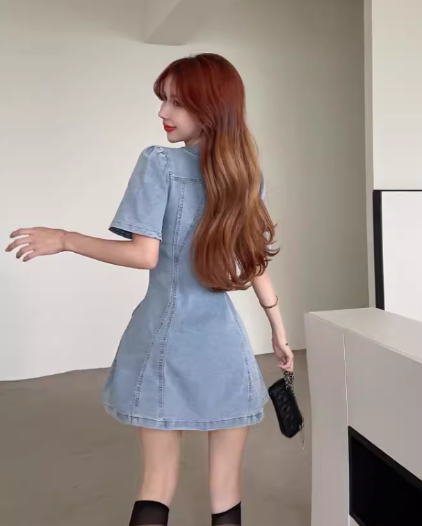 New Fashion Blue Design A-line V-neck Short Sleeves Denim Dress TP3500