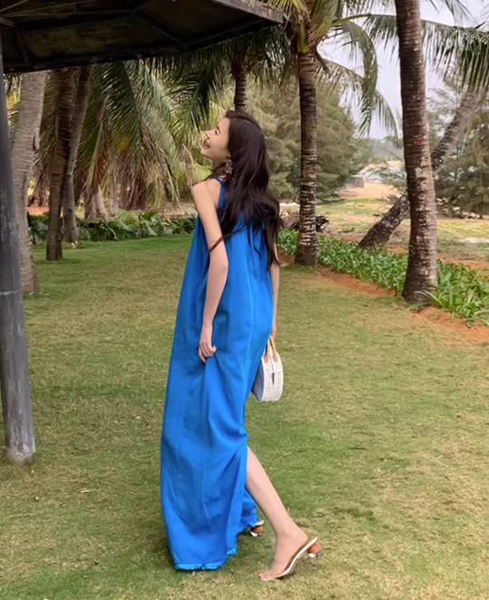 New Fashion Navy Blue Sleeveless Design A-line Beach Holiday Halter Dress TP3517