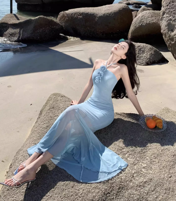 Simple Fashion Light Blue 3D Flowers Design A-line Beach Holiday Halter Dress TP3518