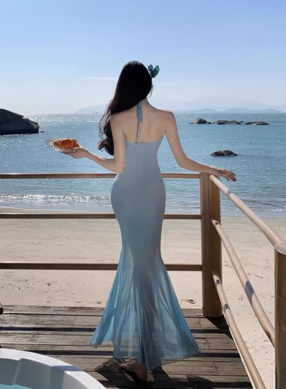 Simple Fashion Light Blue 3D Flowers Design A-line Beach Holiday Halter Dress TP3518
