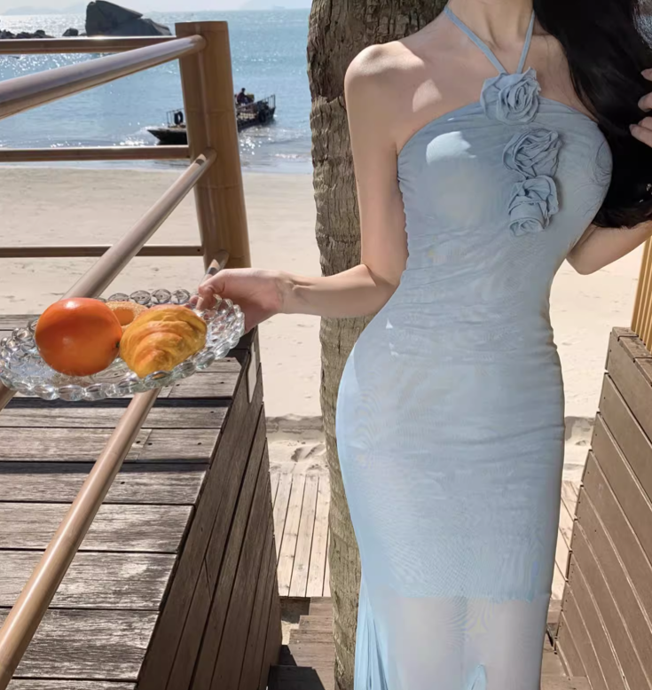Simple Fashion Light Blue 3D Flowers Design A-line Beach Holiday Halter Dress TP3518
