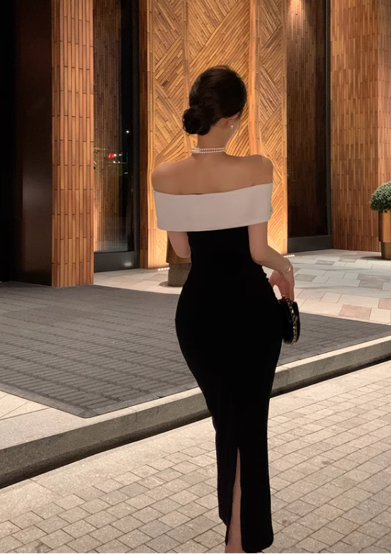 Vintage Black & White Combination Design A-line Off-the-shoulder Women Dress TP3519