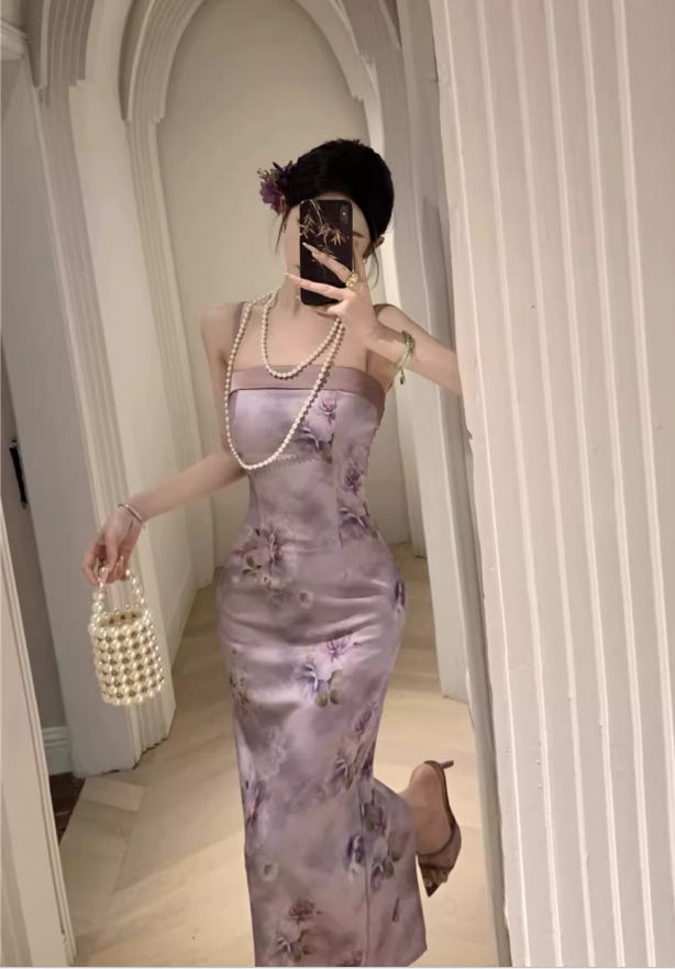Vintage Purple Floral Design Satin A-line Spaghetti Strap Dress TP3520