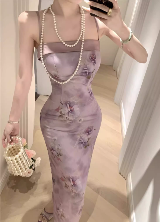 Vintage Purple Floral Design Satin A-line Spaghetti Strap Dress TP3520