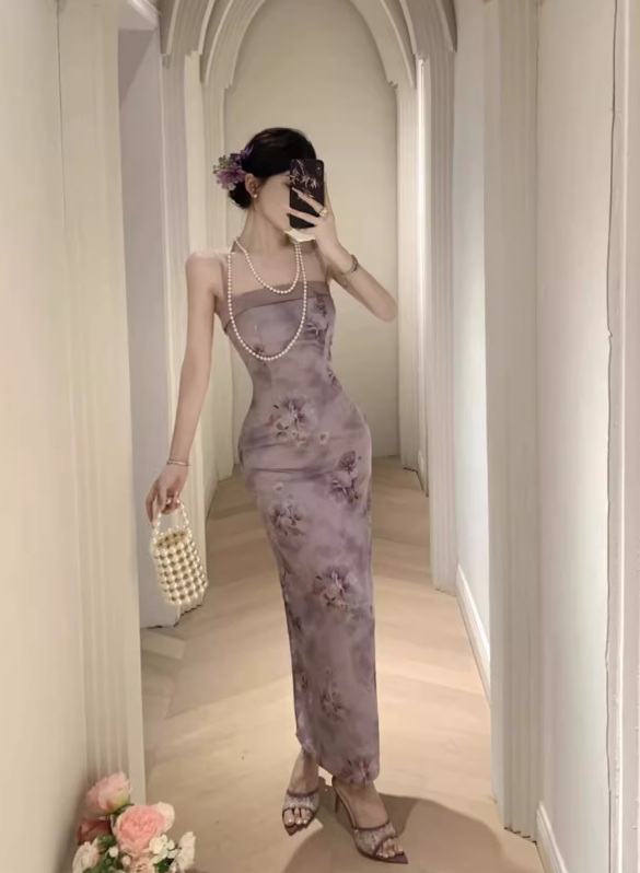 Vintage Purple Floral Design Satin A-line Spaghetti Strap Dress TP3520