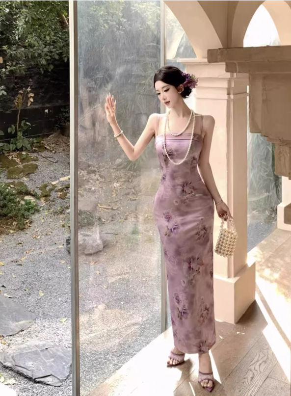 Vintage Purple Floral Design Satin A-line Spaghetti Strap Dress TP3520