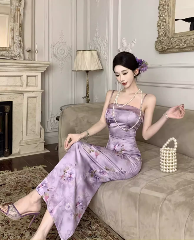 Vintage Purple Floral Design Satin A-line Spaghetti Strap Dress TP3520