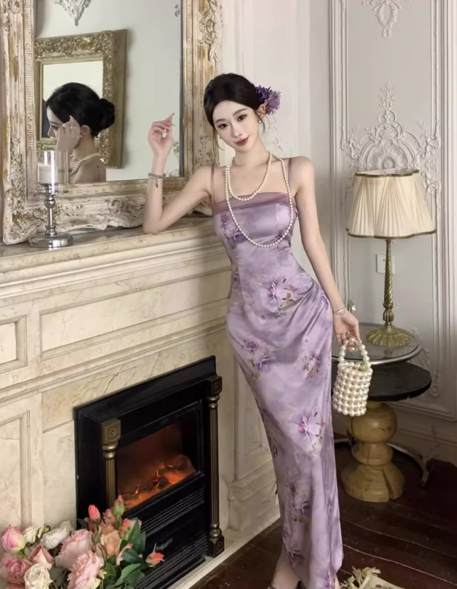 Vintage Purple Floral Design Satin A-line Spaghetti Strap Dress TP3520