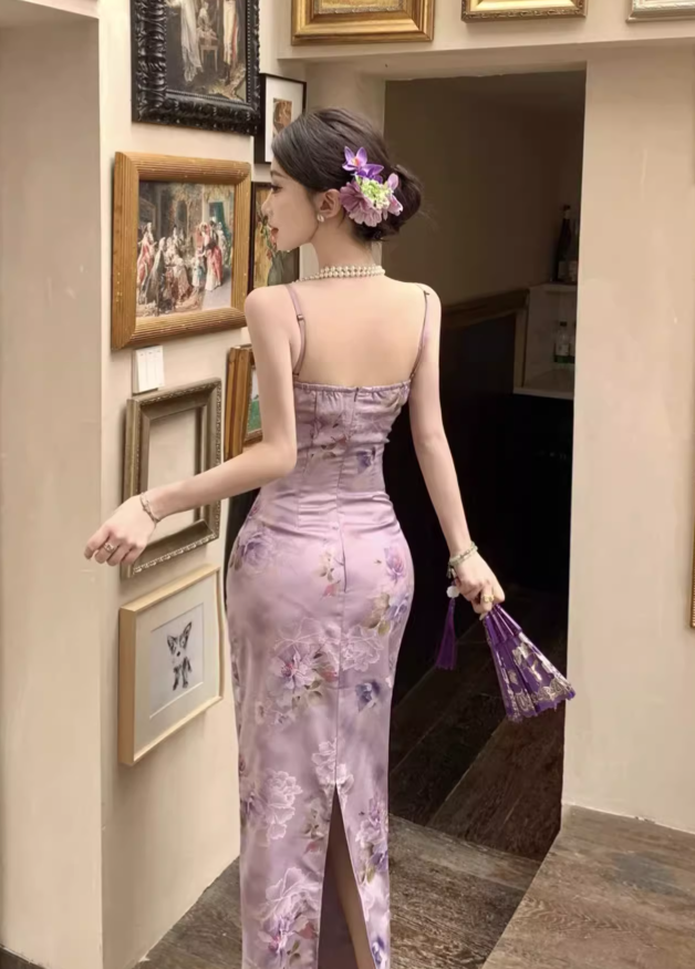 Vintage Purple Floral Design Satin A-line Spaghetti Strap Dress TP3520