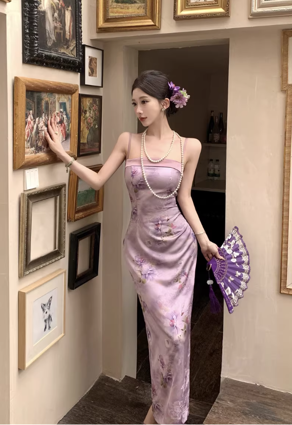 Vintage Purple Floral Design Satin A-line Spaghetti Strap Dress TP3520