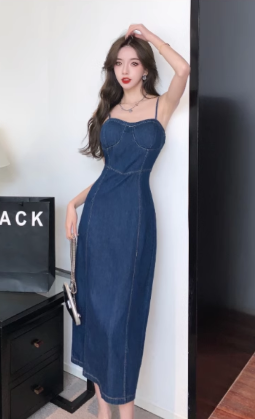 Simple Fashion Navy Blue Design A-line Spaghetti Strap Denim Dress TP3524