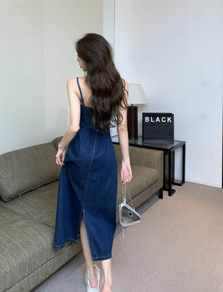Simple Fashion Navy Blue Design A-line Spaghetti Strap Denim Dress TP3524