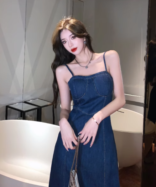 Simple Fashion Navy Blue Design A-line Spaghetti Strap Denim Dress TP3524