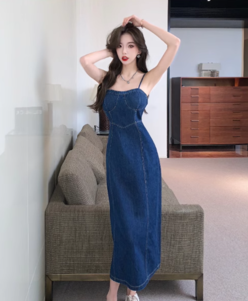 Simple Fashion Navy Blue Design A-line Spaghetti Strap Denim Dress TP3524