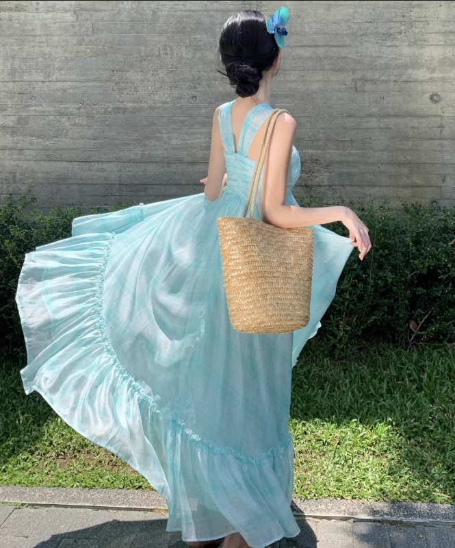 Simple Fashion Mint Green Ruffled Hem Design A-line Beach Holiday Halter Dress TP3525