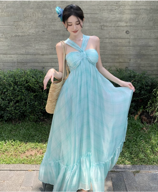 Simple Fashion Mint Green Ruffled Hem Design A-line Beach Holiday Halter Dress TP3525