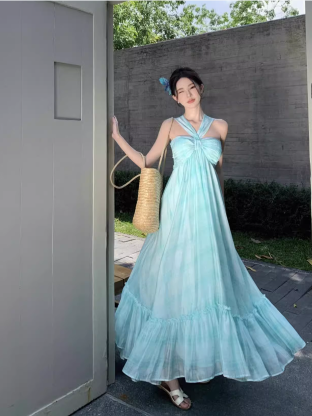 Simple Fashion Mint Green Ruffled Hem Design A-line Beach Holiday Halter Dress TP3525