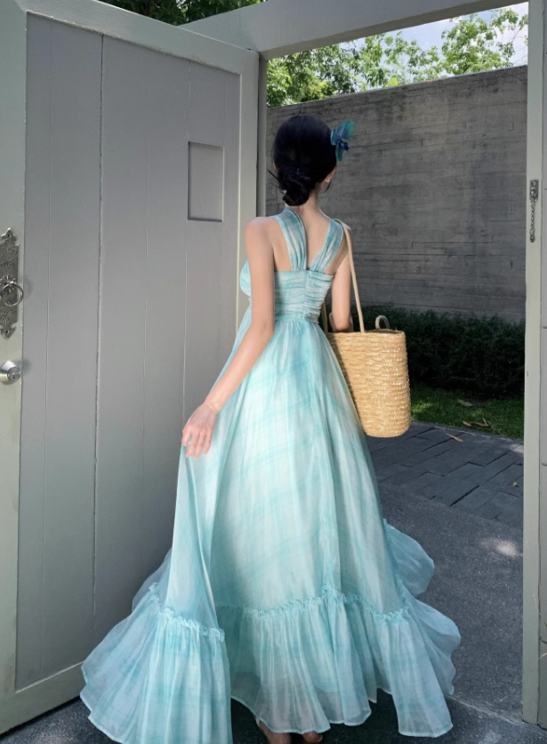 Simple Fashion Mint Green Ruffled Hem Design A-line Beach Holiday Halter Dress TP3525