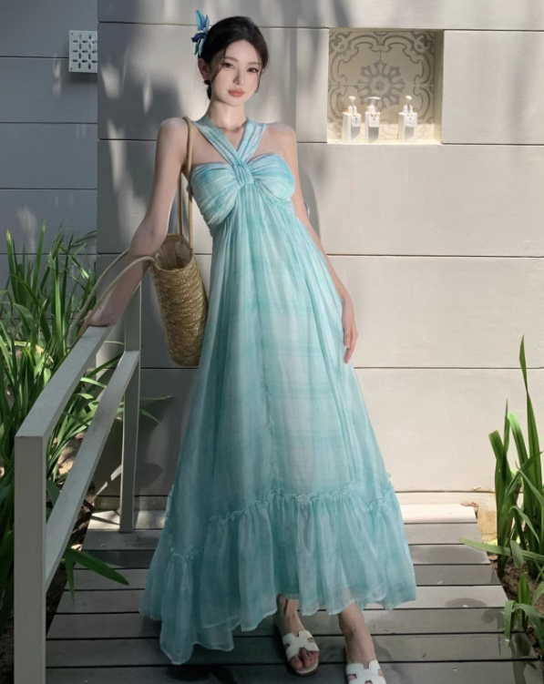 Simple Fashion Mint Green Ruffled Hem Design A-line Beach Holiday Halter Dress TP3525