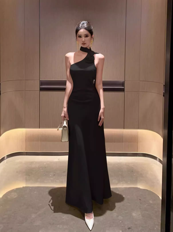 Simple Fashion 3D Flower Mermaid Design Prom Dress Elegant A-line Halter Dress TP3526