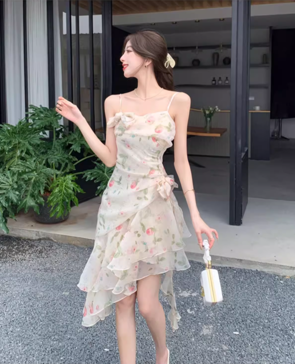 New Fashion Floral Irregular Ruffled Hem Design Elegant A-line Spaghetti Strap Dress TP3527