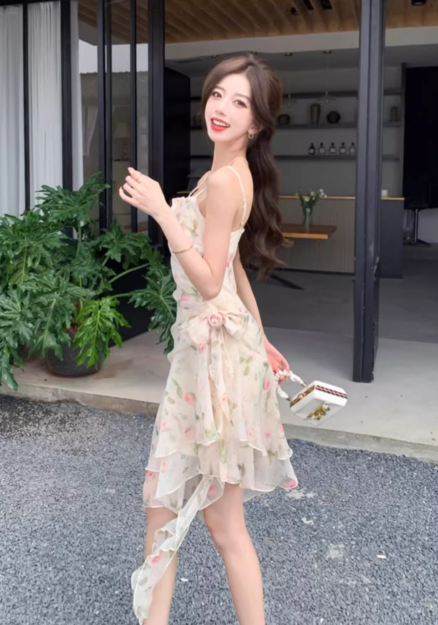 New Fashion Floral Irregular Ruffled Hem Design Elegant A-line Spaghetti Strap Dress TP3527
